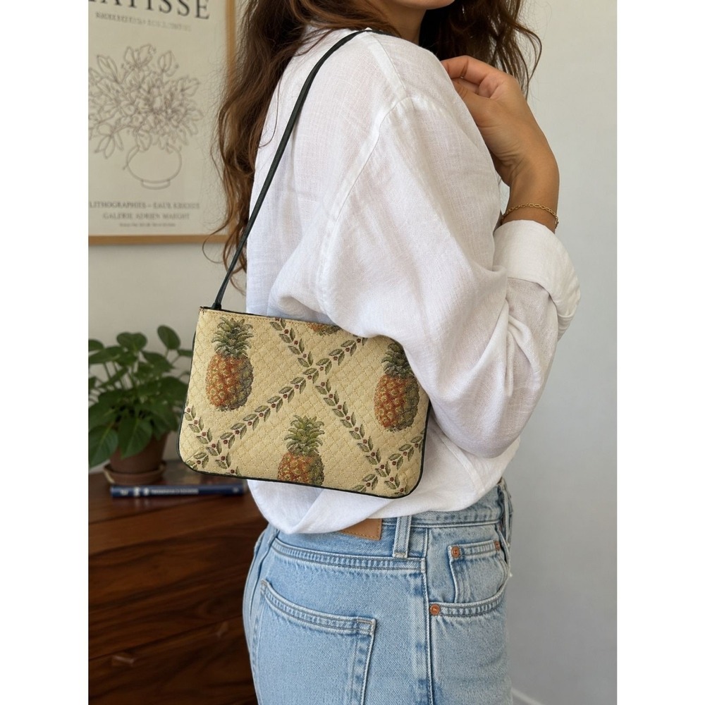 Unbranded Baguette Bag Small Beige Pineapple Tapestry Woven Shoulder Purse